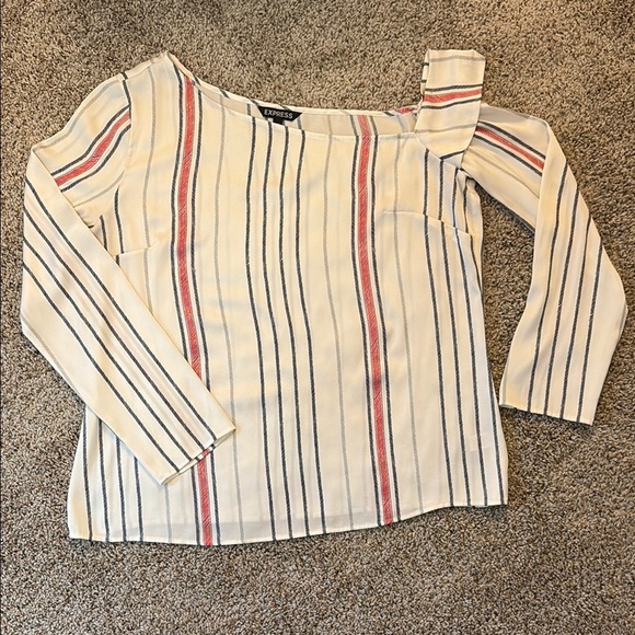 Express - Cream and Red Ruffled Asymmetrical Blouse - Picture 1 of 3